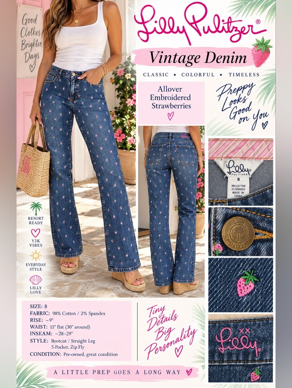 Vintage Y2K Lilly Pulitzer Strawberry Embroidered Jeans Sz 8 White Label